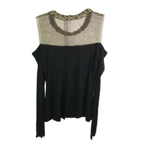 Bailey 44 Women XS Cynthia Top Black Sheer Neckline Gold Jeweled Stretch NWT